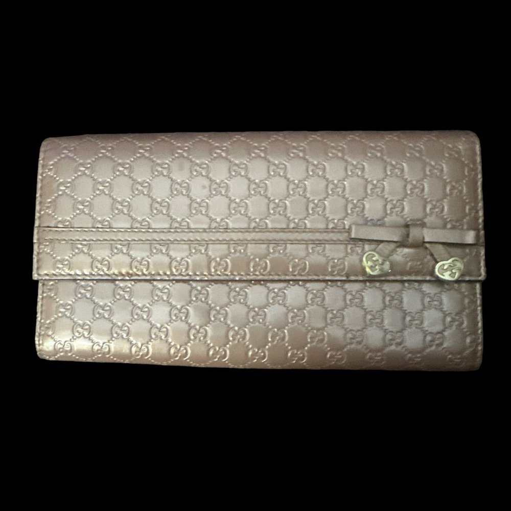 Gucci Guccissima Metalic Pinkish Beige GG Heart Charm Bow Wallet